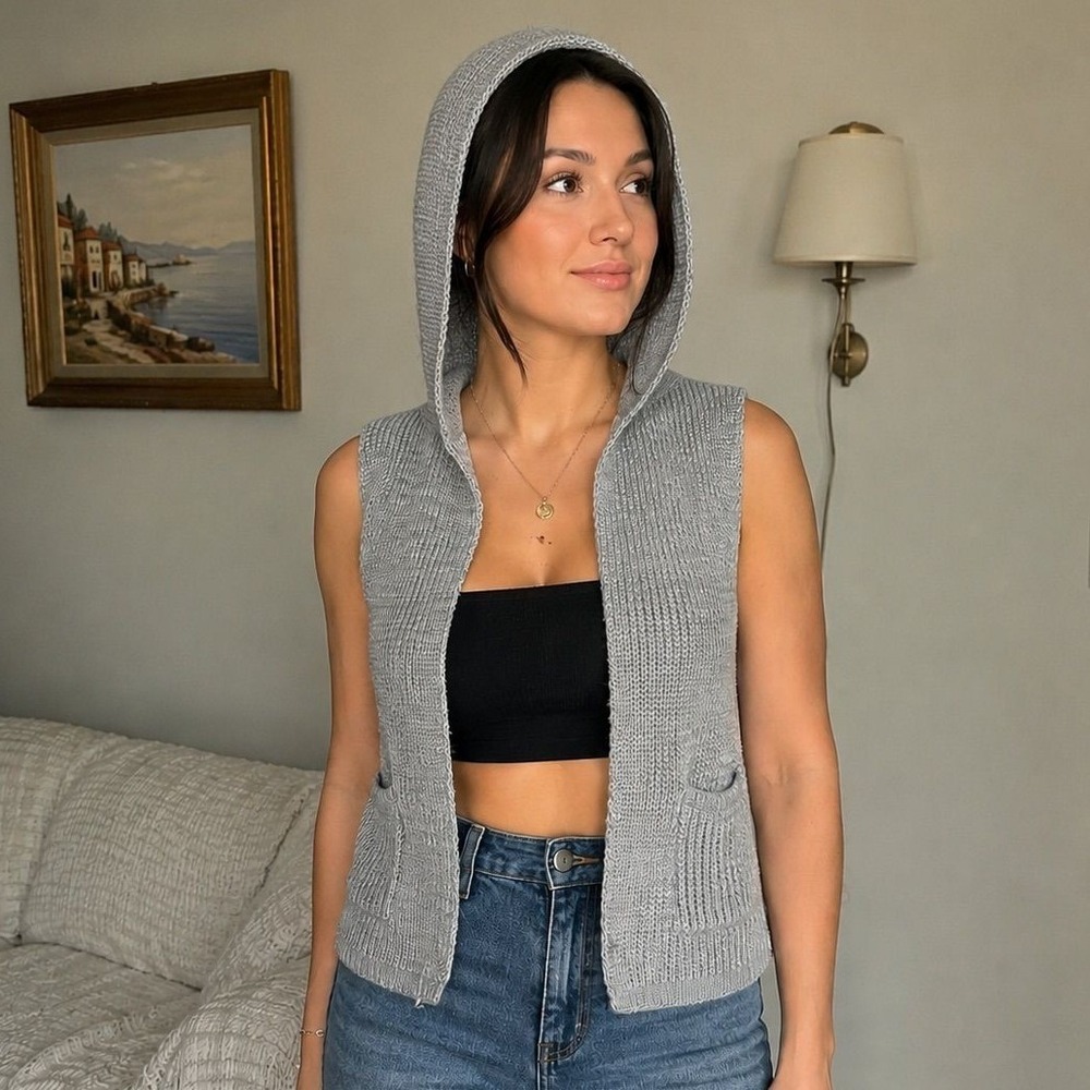 Grey Ribbed Knit Hooded Vest Open Front Sleeveless Cardigan with Pocketsβ